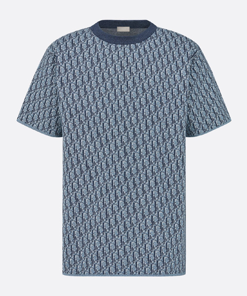 블루 코튼 자카드 캐주얼 핏 티셔츠